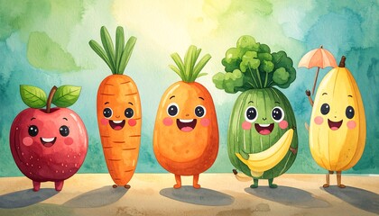 Cute cartoon fruits and vegetables
