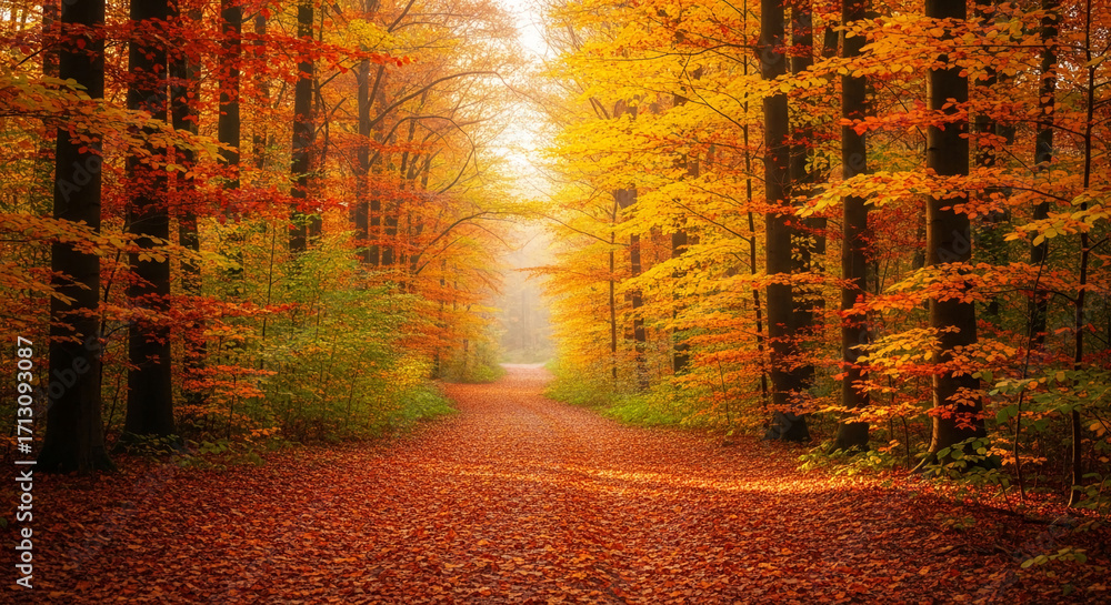 Poster autumnal forest path lined with trees displaying vibrant orange and yellow foliage, sunlight filteri