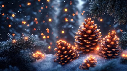 Magical Winter Night with Glowing Pinecones on Snowy Ground and Sparkling Bokeh Lights, Festive Christmas Holiday Scene with Frosted Evergreen Branches