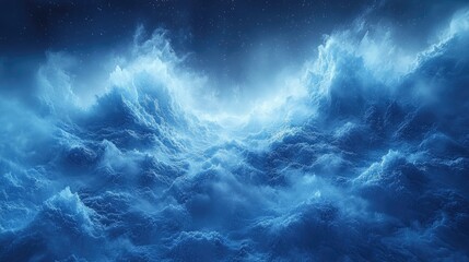 Fototapeta premium Dramatic Blue Ice Landscape with Swirling Clouds and Distant Stars, Evoking a Mystical Frozen World