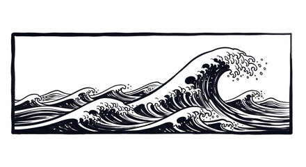 Dynamic black and white ink illustration of powerful ocean waves crashing majestically