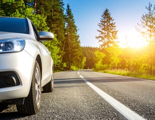 Silver car on a sunny road through a forest