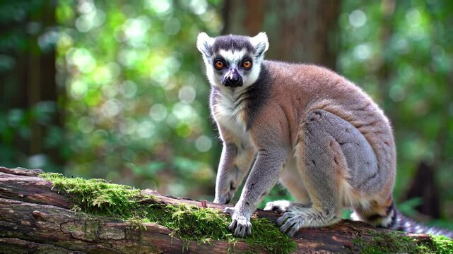 A ring-tailed lemur sits perched on a moss-covered log in a lush, green forest.  The lemur's fur is a mix of grey, brown, and white, and its orange eyes stand out against its dark face. T