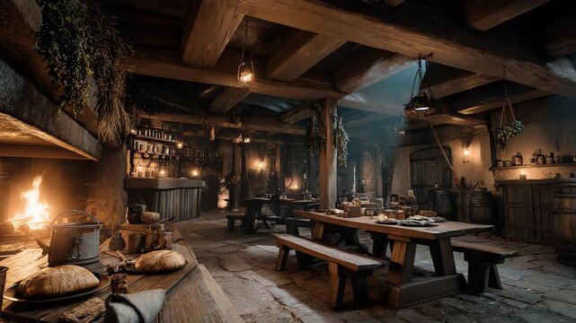 A Cozy Medieval Tavern Interior Featuring Warm Firelight and Atmosphere