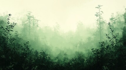 Ethereal Green Forest Landscape with Misty Light and Textured Foliage, Digital Painting