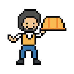 Obraz premium Cartoon pixel 8 bit character engineer man worker industry warehouse fix decoration 8 bit male boy male engineer storage game png vector.