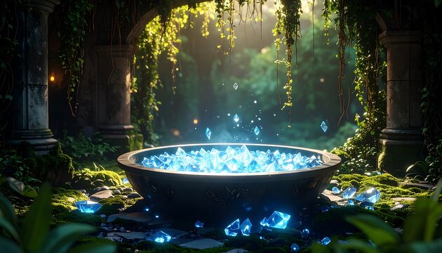 Glowing Blue Crystals in Stone Basin Lush Garden Setting