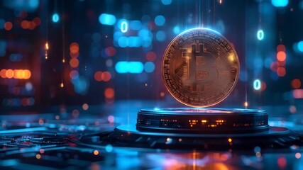 Futuristic Bitcoin NFT Concept Digital Currency Hologram in Cyber Cityscape. - Powered by Adobe