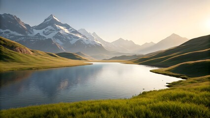 Fototapeta premium Peaceful Alpine Lake Surrounded by Grassy Hills and Snow-Capped Mountains at Sunset
