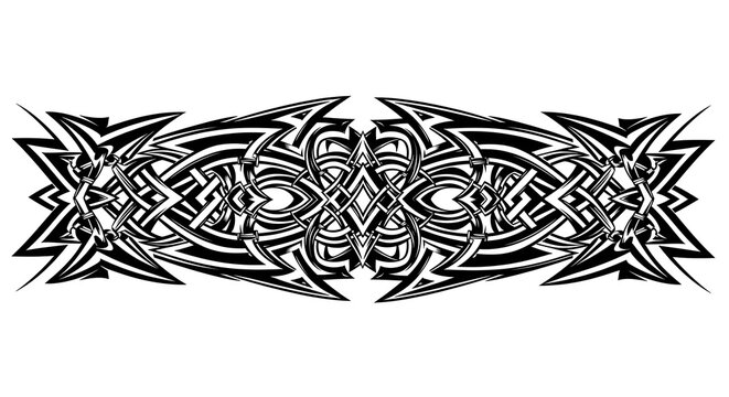 Bold tribal tattoo design with intricate knotwork and sharp, dynamic edges for a powerful statement
