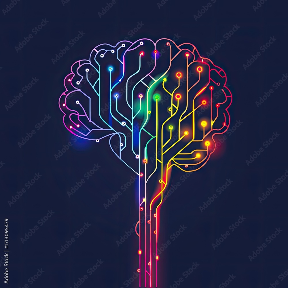 Poster a vibrant, stylized brain illustration with colorful, glowing circuitry lines resembling a neural ne