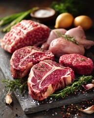 A Carnivores Dream - A Rustic Slate Board Laden with Raw Steaks, Chicken, and Ground Meat with Aromatic Herbs.