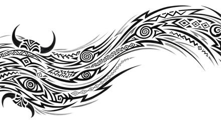 Fototapeta premium Bold tribal tattoo design with bull horns and watchful eyes, flowing with dynamic energy