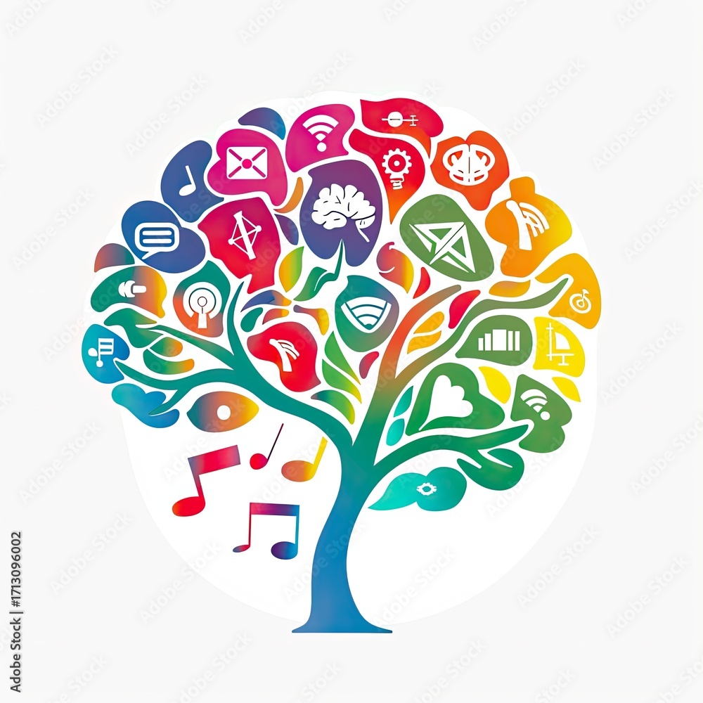 Poster a vibrant tree-like design features a network of colorful leaves representing various communication 
