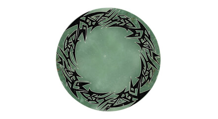 Intricate tribal tattoo design on a translucent green circular stone, perfect for edgy graphic elements