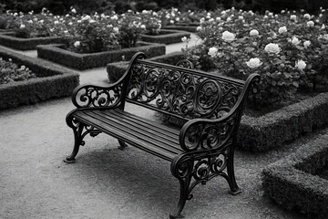Ornate iron bench in formal rose garden
