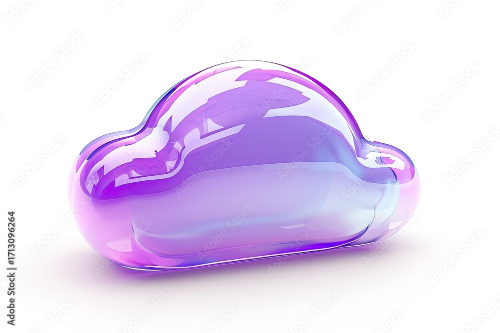 Poster a three-dimensional rendering of a translucent, iridescent purple cloud-shaped object against a whit