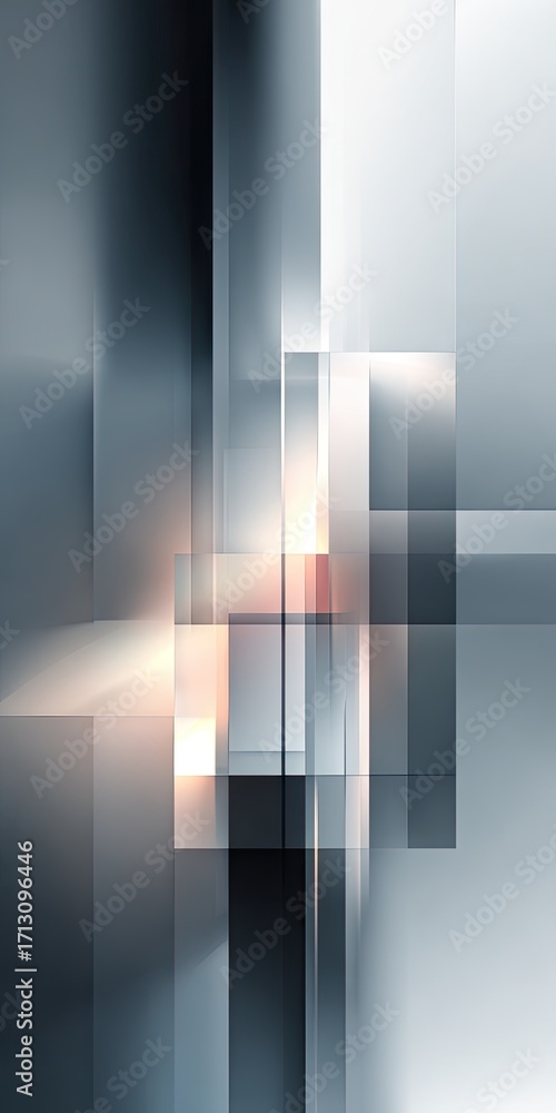 Poster abstract grayscale image featuring overlapping, translucent rectangles creating a sense of depth and