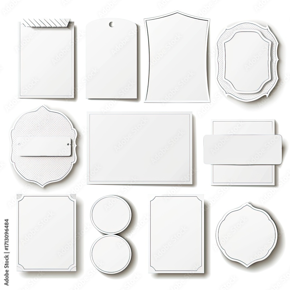 Poster Twelve blank, white templates of various shapes and sizes, designed for text or image placement, shown against a plain white background with subtle drop shadows
