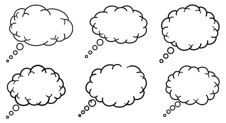 Six black and white cartoon thought bubbles in various shapes and sizes.