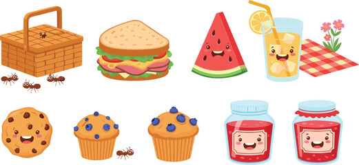 Whimsical Picnic Cartoon Characters – Sandwich, Cookie, Muffin, Jam, Lemonade – Fun Food Illustration for Kids, Education, and Branding