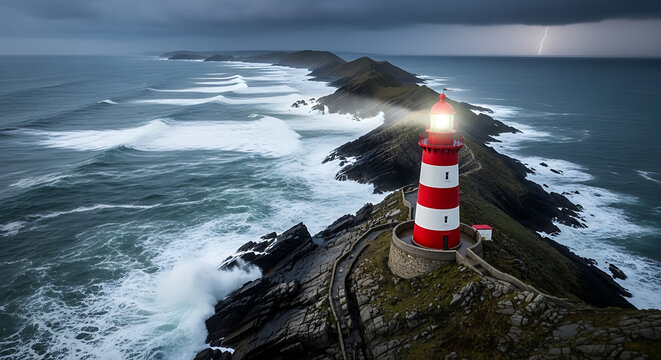 Dramatic coastal lighthouse stands tall against stormy seas and a distant lightning strike over the ocean