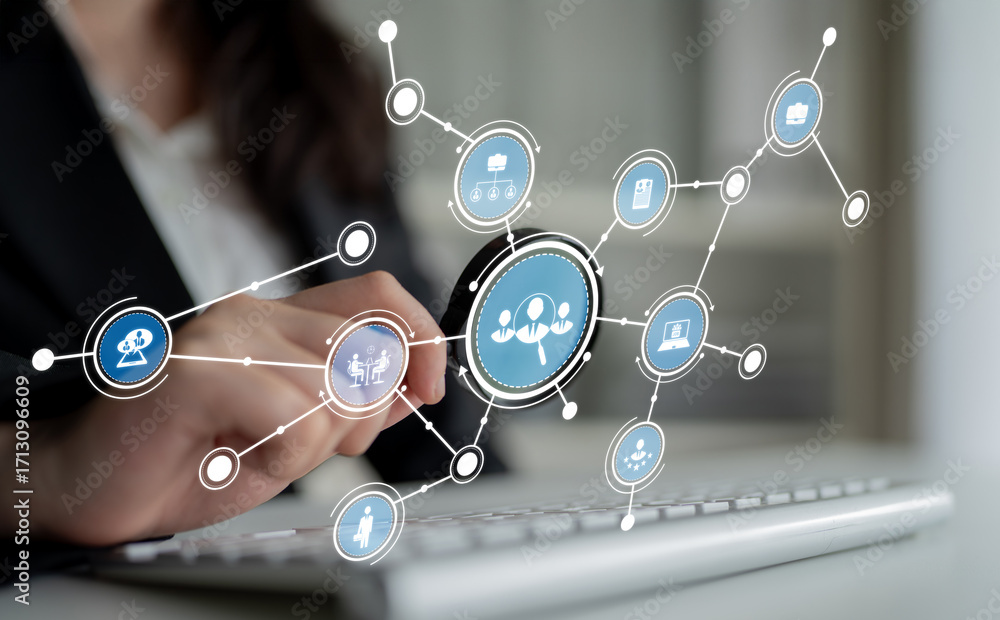 Poster a business professional engages with digital icons representing connectivity and technology while wo