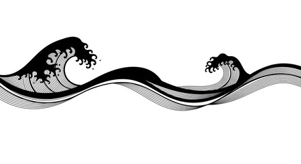 Dynamic black waves cresting powerfully on a clean white background, perfect for design