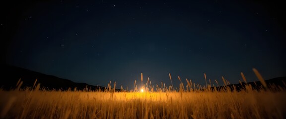 A field of tall grass under a starry night sky.