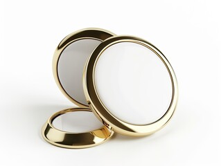 Three round, gold-rimmed mirrors, varying in size, are artfully arranged against a stark white backdrop.  The smallest mirror is partially obscured