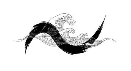 Dynamic black and white waves in Japanese art style, powerful ocean motion captured beautifully