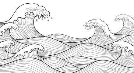 Dynamic ocean waves in a bold black and white line art style perfect for modern design projects