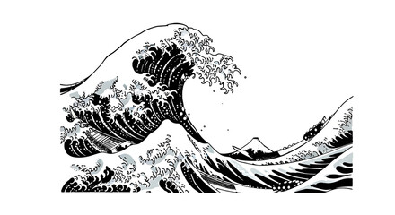 Iconic Japanese wave artwork with Mount Fuji in distance, capturing nature's power and beauty