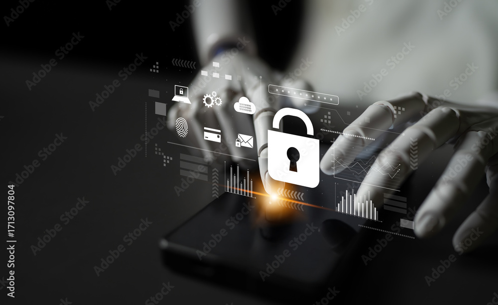 Poster ai-powered lock system showing advanced cybersecurity, identity verification, and data protection an