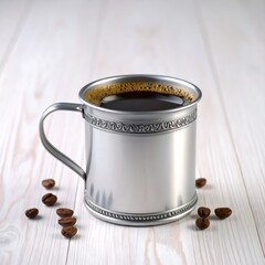 Silver coffee cup with coffee beans