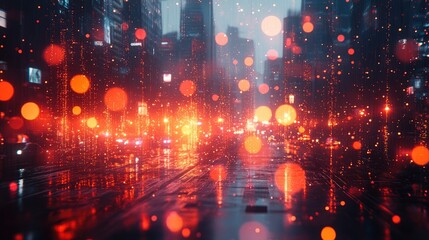 Obraz premium Futuristic Cityscape with Data Streams and Bokeh Lights