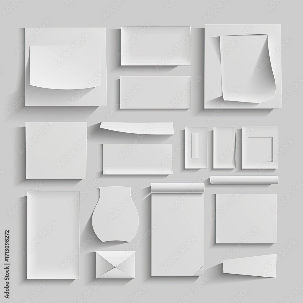 Poster a collection of various blank, white paper shapes and forms arranged on a light gray background, sho