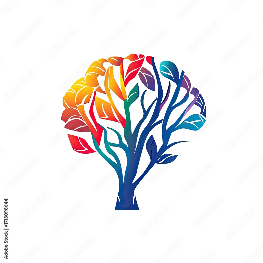 Poster a vibrant, stylized tree illustration shaped like a brain, features colorful leaves and branches on 