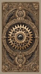 Obraz premium A detailed, ornate design featuring a central gear, showcasing intricate patterns and craftsmanship in a metallic finish.
