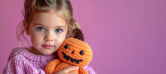 A happy young girl in a cozy, pink knitted sweater holds a cute, crocheted pumpkin toy against a vibrant purple background. Her gentle smile and the soft, warm lighting create a sweet and cheerful moo