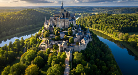 Discover majestic medieval castle on lush hilltop surrounded by river, inspiring awe and wanderlust