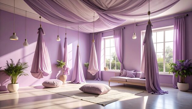 Indoor Space with Aerial Yoga Swings and Peaceful Lavender Decor