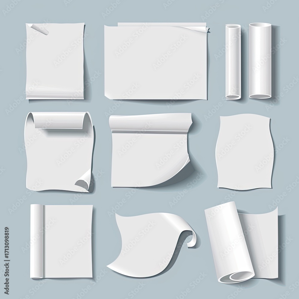 Poster a digital illustration showing twelve blank pieces of paper in various shapes and rolled forms again