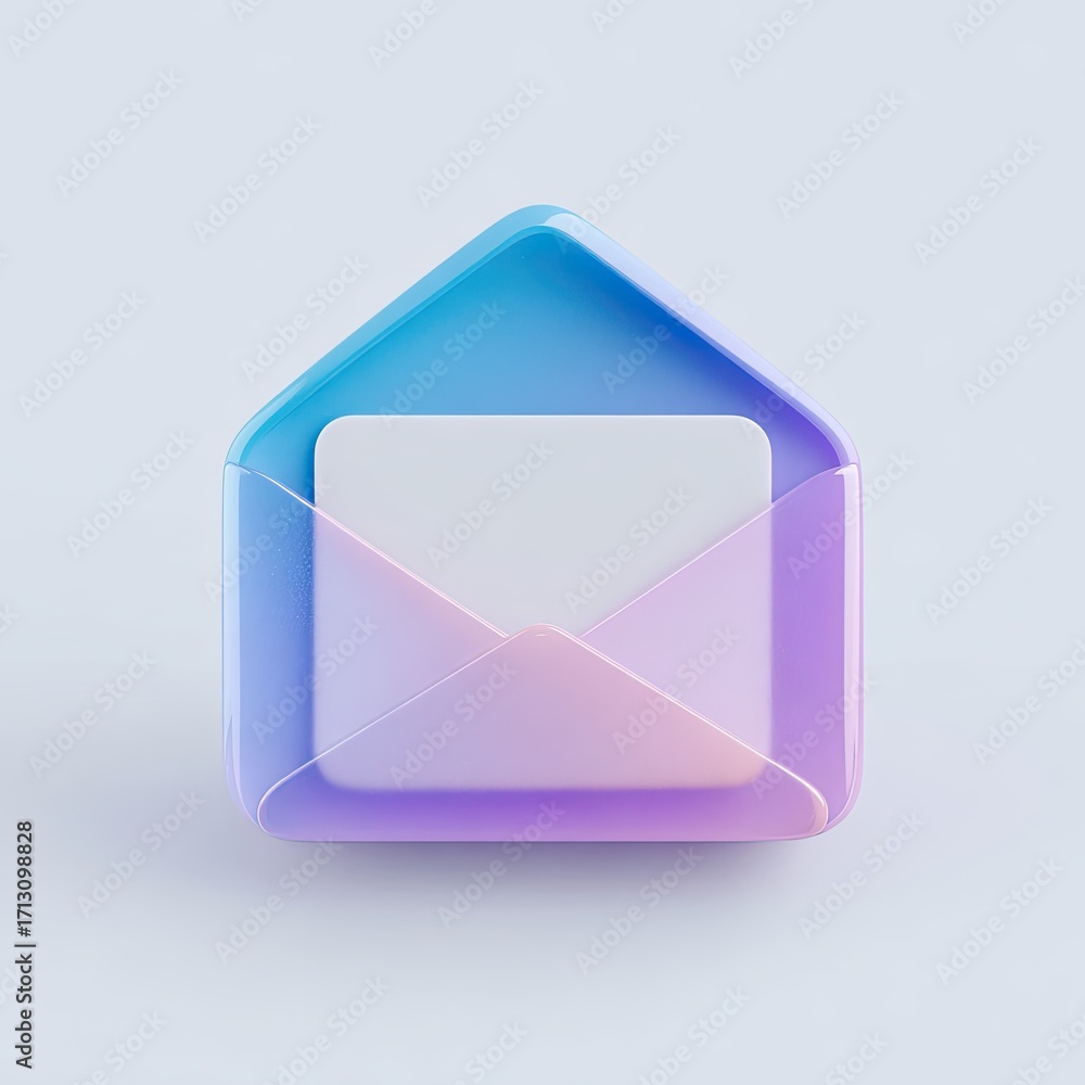 Poster a pastel-colored, 3d-rendered image of an open envelope icon, featuring a translucent design with a 