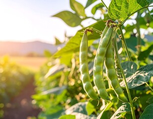 Green beans growing in a field at sunset
