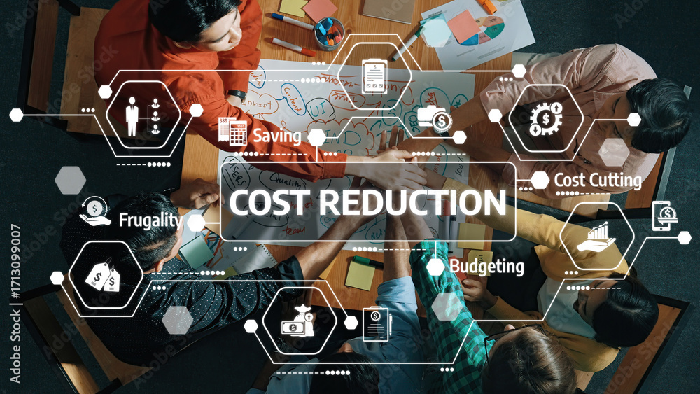 Poster a diverse group of professionals collaborates on strategies for cost reduction in a modern workspace