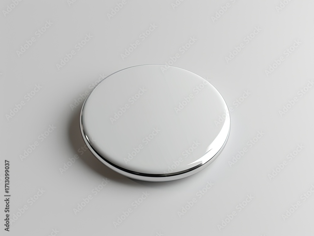 Fototapete a pristine white circular button or badge with a metallic silver edge rests on a plain white backgro