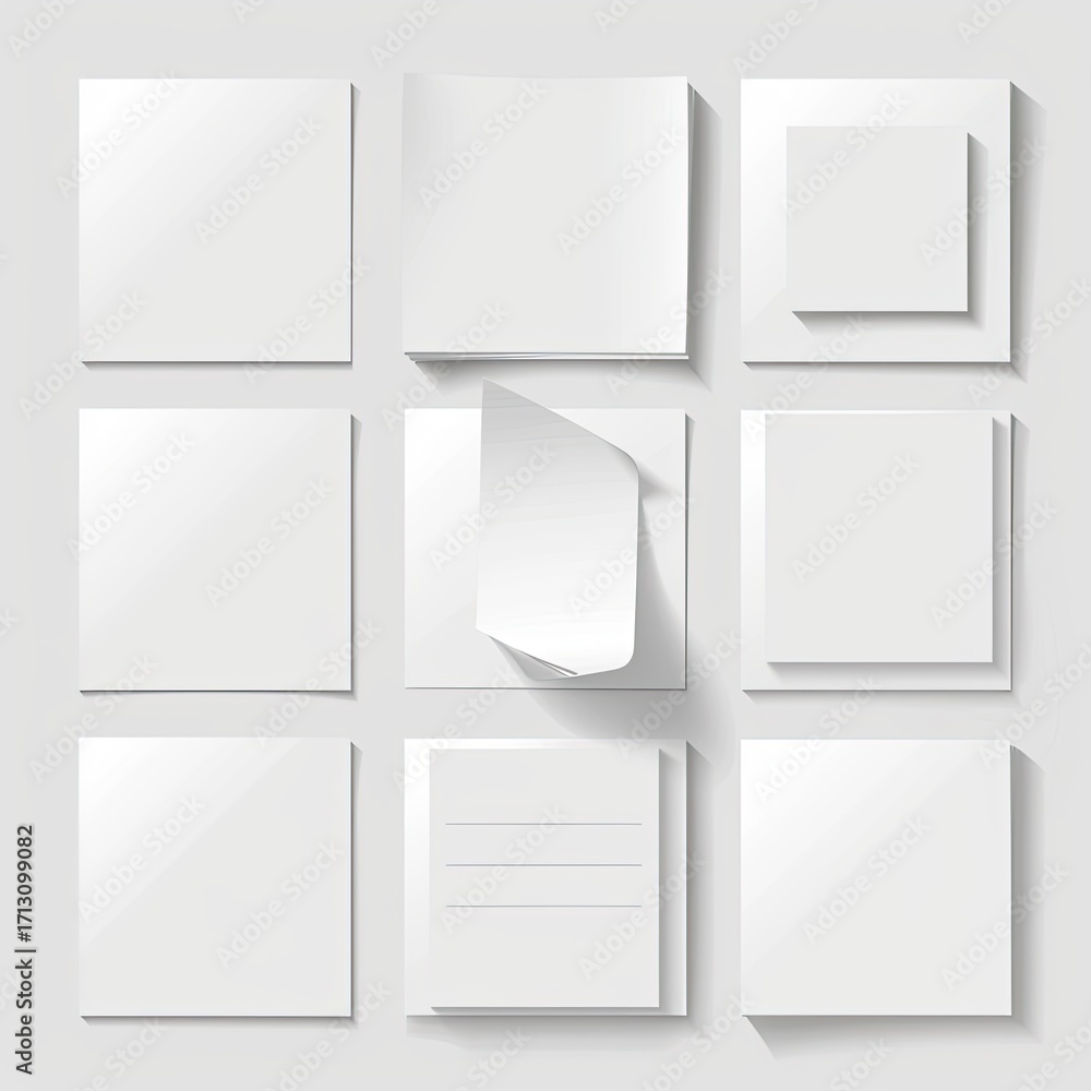 Poster nine blank square sticky notes arranged in a grid, one slightly lifted with a shadow, another with f
