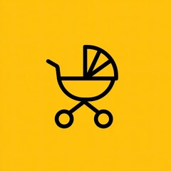 Simple line art illustration of a baby stroller on a yellow background.  The stroller is depicted with a canopy and two wheels