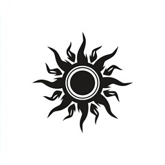 Stylized sun design with a central disc and twelve flame-like rays emanating outwards, creating a tribal or symbolic aesthetic